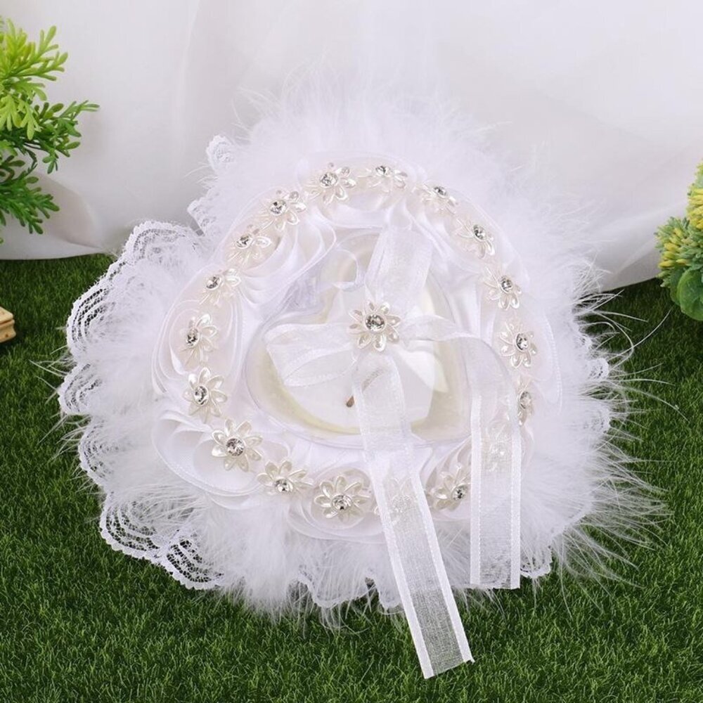 Heart Shaped Wedding Ring Pillow Rhinestones & Satin Ribbons Ruffle Trim‎ White